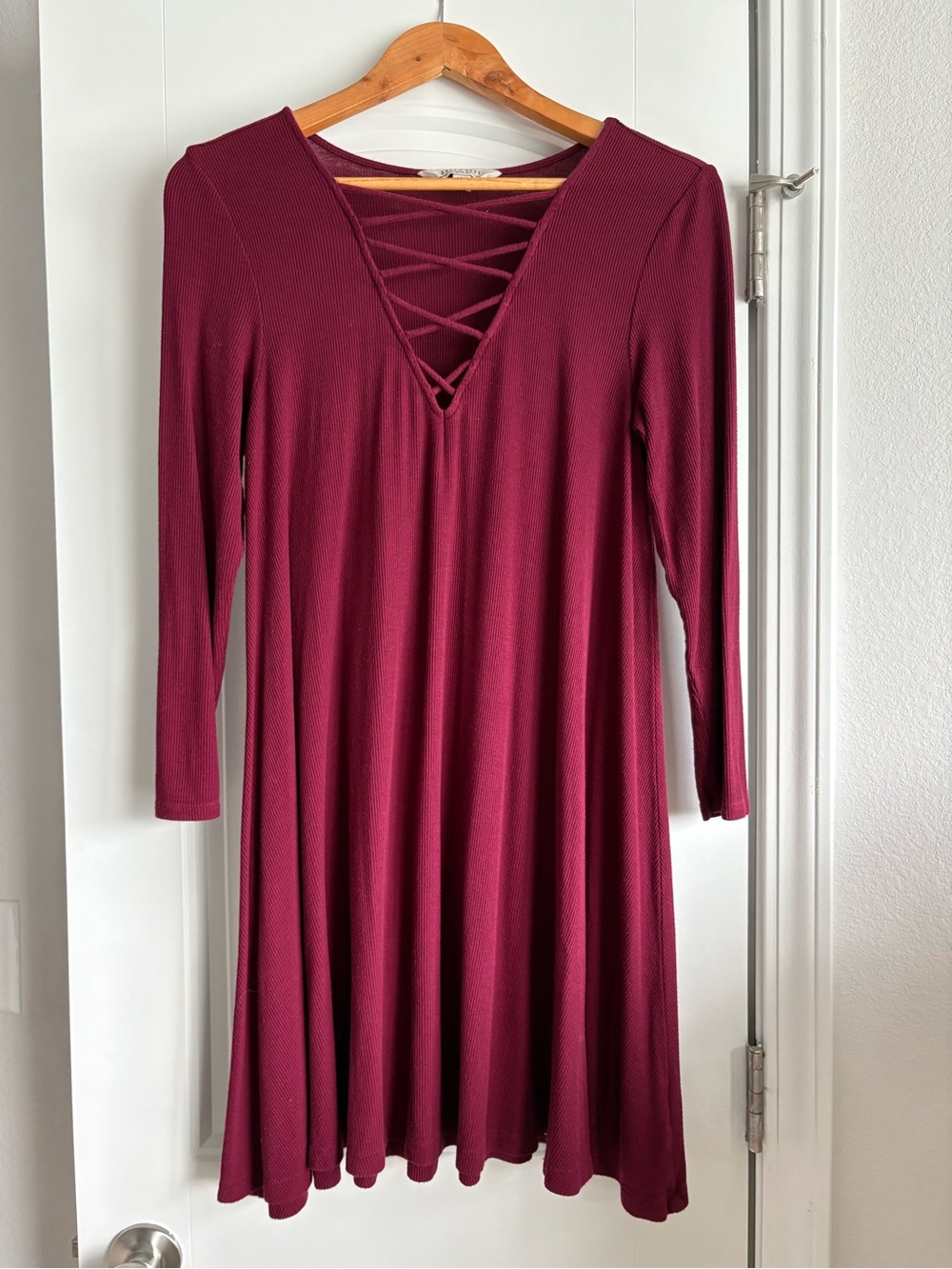 American Eagle Outfitters Burgundy 3/4 Sleeve Crisscross V-Neck Dress